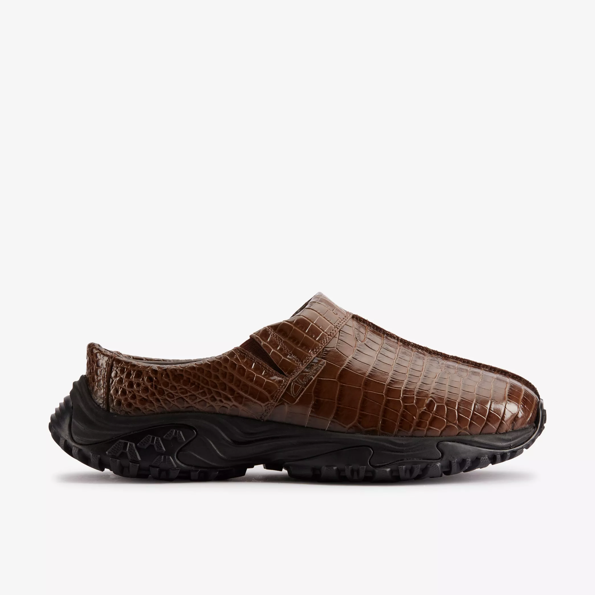 slide on croc pattern shoes with black sole and brown shiny finish