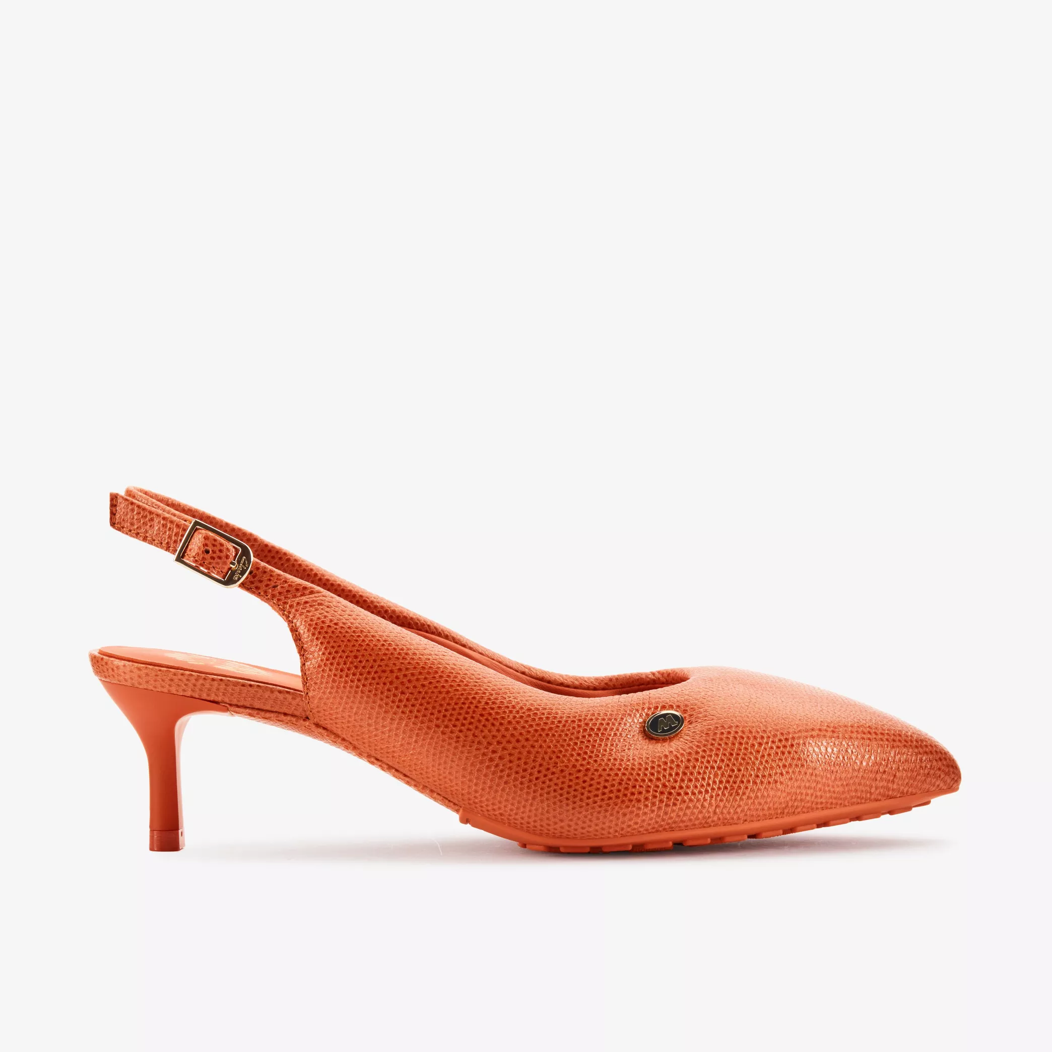 bright orange puffy, pillowy sling back shoe