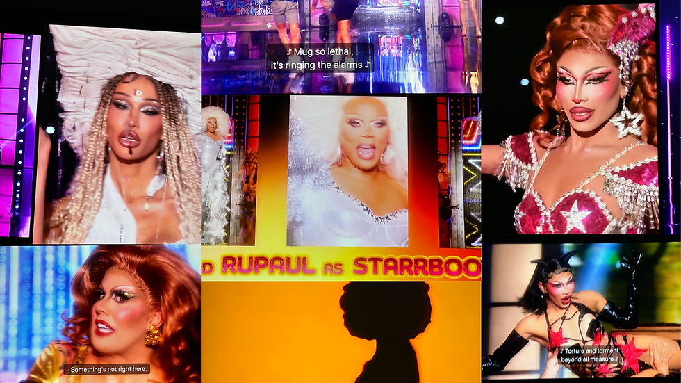Collage of drag performers in vibrant costumes, lipstick sync scene. Text includes "Mug so lethal" and "RUPAUL AS STARRBOOTY". Emotive performances.