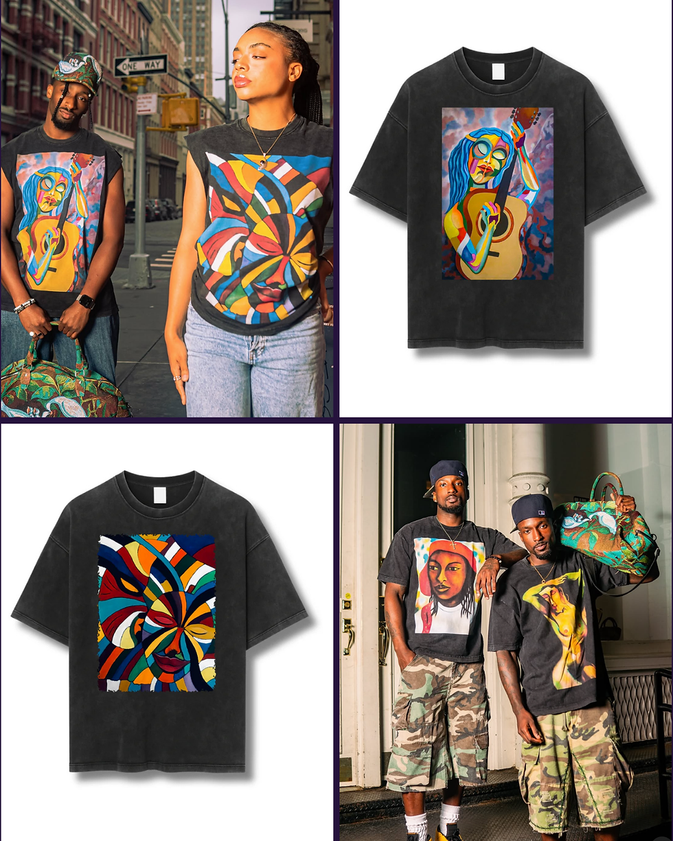 People wearing T-shirts with colorful, abstract art outdoors. One-way street sign in background. Close-ups of T-shirt designs on dark background.