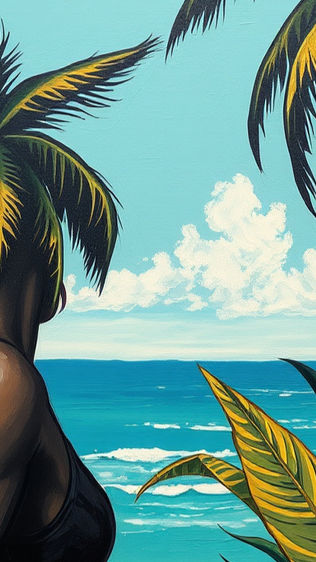 A woman with palm frond hair looks out at a tropical ocean scene, surrounded by vibrant flowers and leaves. The sky is bright and clear.
