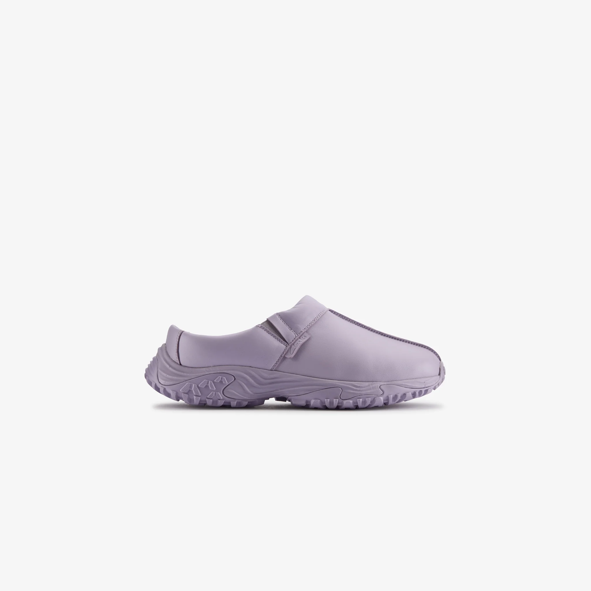 lilac pony hair-effect cow leather shoe with puffy duck down filling, cushioned footbed with 'Coming Up Roses' branding, lightweight, and rubber outsole for traction.