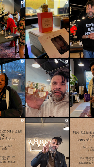 Collage of people at a fragrance event. Perfume bottle with card, man holding bottles, "Support Black Perfumers" shirt. Text: event details.