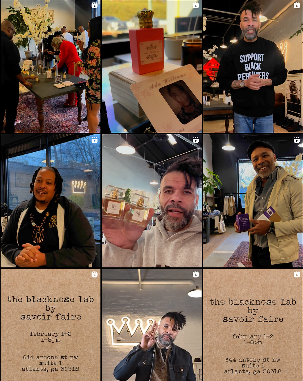 Collage of people at a fragrance event. Perfume bottle with card, man holding bottles, "Support Black Perfumers" shirt. Text: event details.