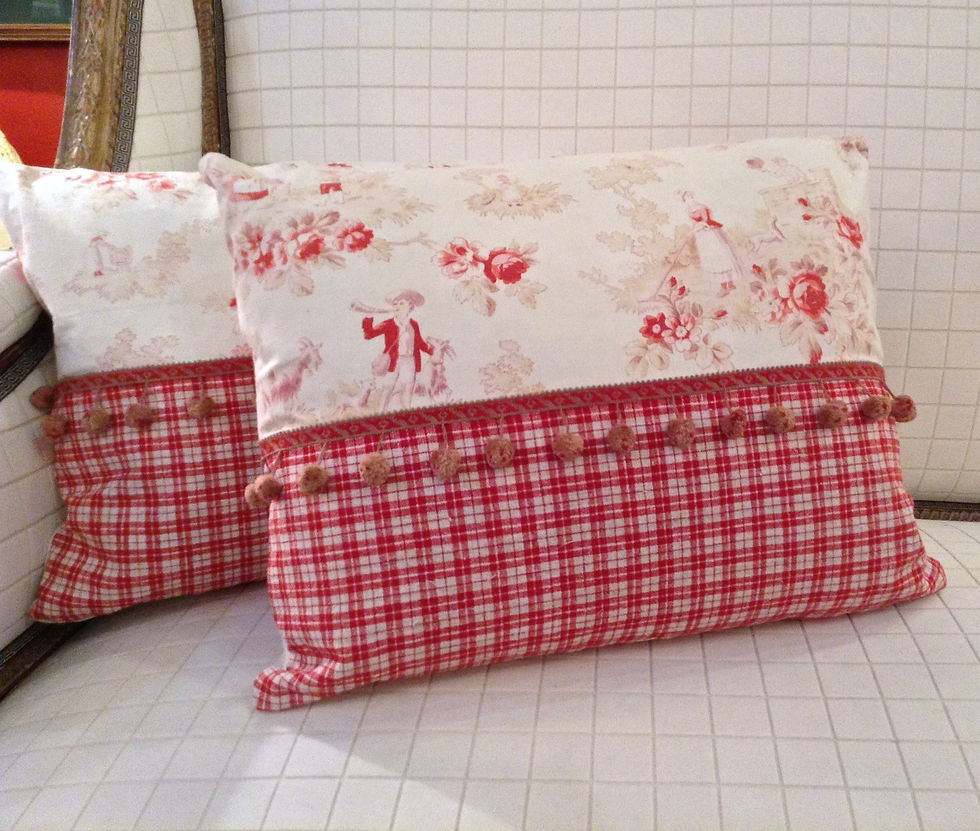 Thumbnail: Pair of 19 Century Antique French Toile Pillows With Pom-Pom