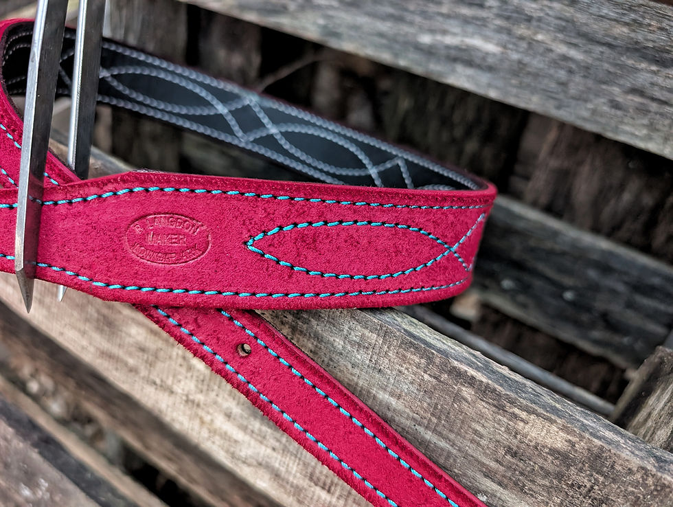 Thumbnail: Red rough-out w/ turquoise latigo stitch 