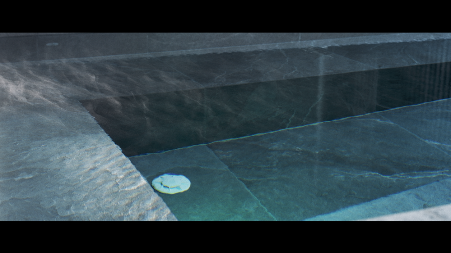 A view of a smooth tiled pool corner at the Panorama Landscape Hotel Metsäkylpylä in Tahko, Finland. The water is calm and clear, creating a tranquil and soothing atmosphere.