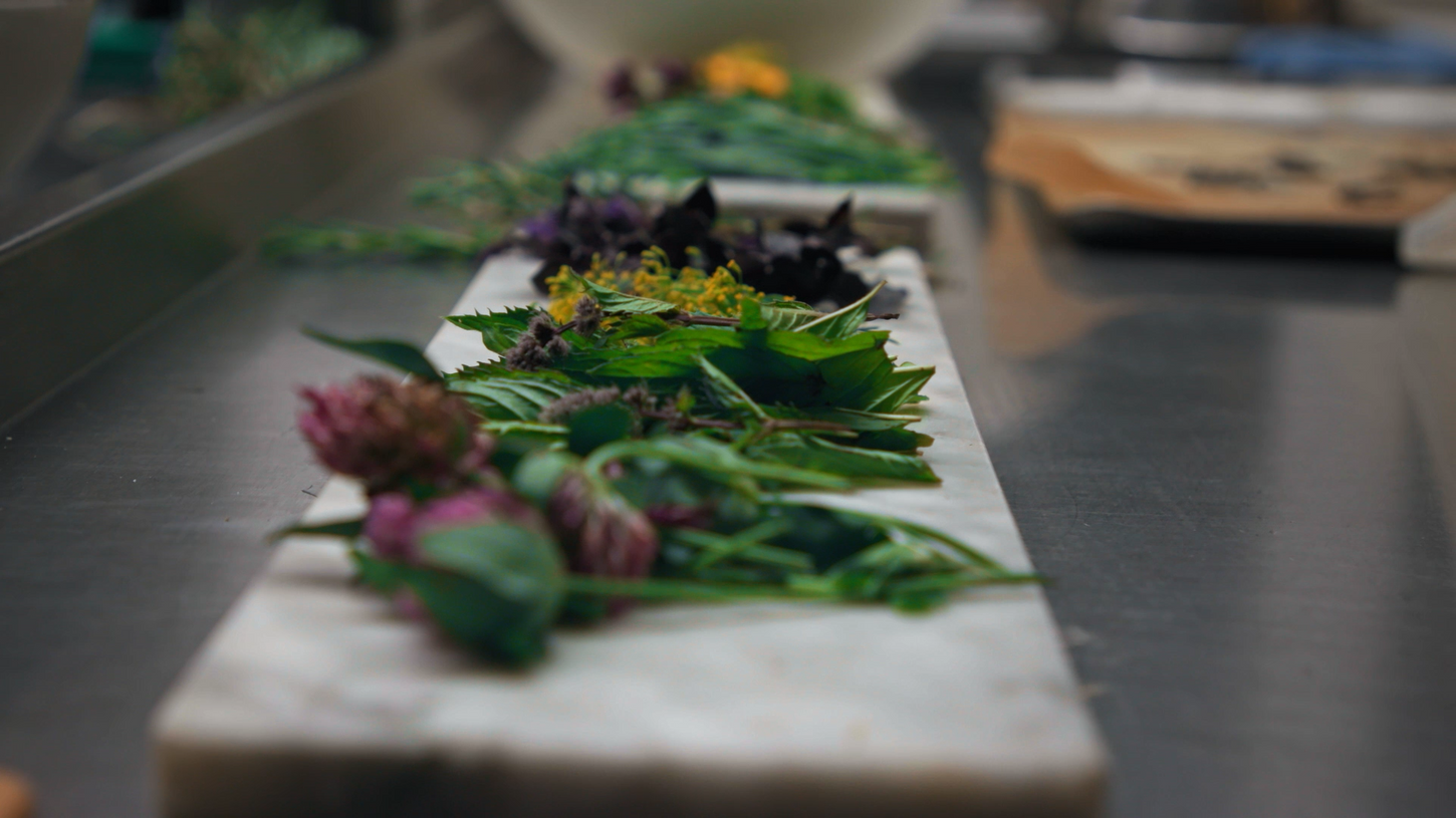 Colorful flowers and plants arranged on a cutting board on the Sauna Channel episode: Jan van Eyck Acadamie
