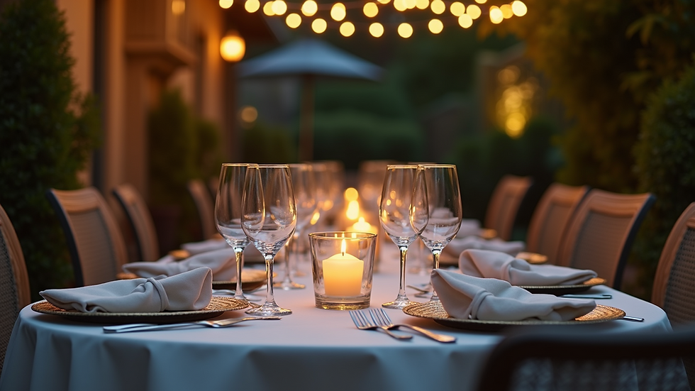 Eye-level view of an elegantly set outdoor dining table with soft candlelight
