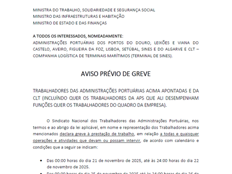 AVISO PRÉVIO DE GREVE Sindicato Nacional dos Trabalhadores das Administrações Portuárias