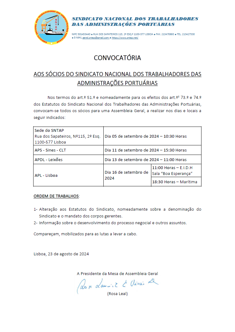 CONVOCATÓRIA AOS SÓCIOS DO SINDICATO NACIONAL DOS TRABALHADORES DAS ADMINISTRAÇÕES PORTUÁRIAS