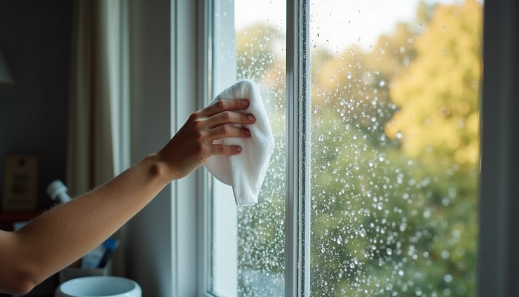 Close-up view of a person cleaning a window screen outdoors