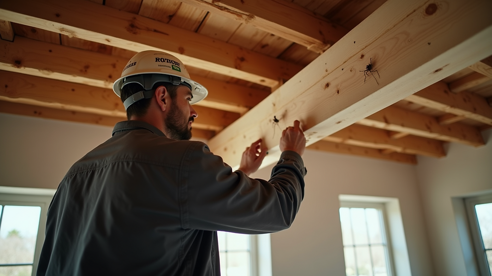 High angle view of a pest inspector checking a wooden beam