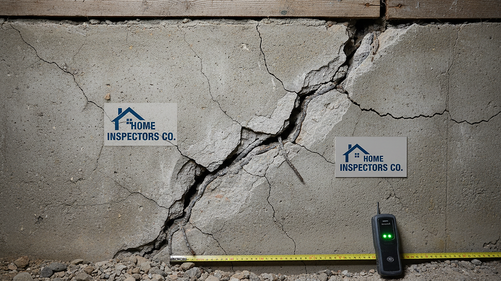 Close-up view of a cracked foundation wall during home inspection