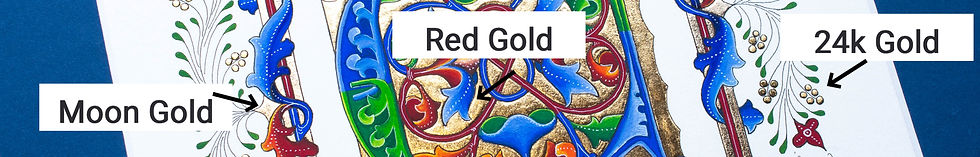 Different gold leafs used in illuminated Letter C done in the International Gothic Style