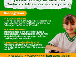 Prefeitura de Senador Canedo anuncia cronograma de matrícula na rede municipal de ensino
