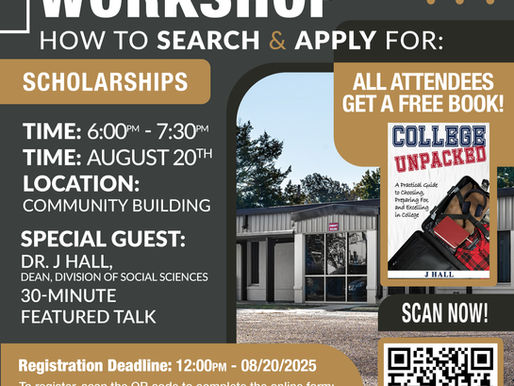 Scholarship Workshop flyer with event details for August 20, 2025, hosted by the Quapaw Nation Higher Education Department.
