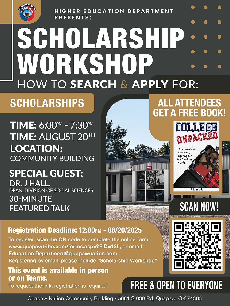 Scholarship Workshop flyer with event details for August 20, 2025, hosted by the Quapaw Nation Higher Education Department.