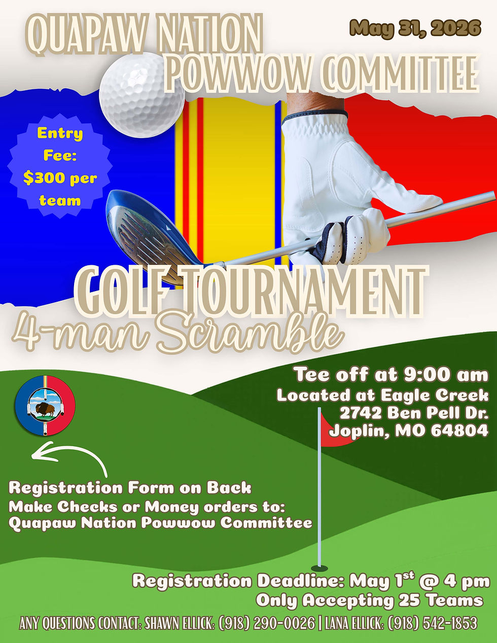Quapaw Nation Powwow Committee Golf Tournament 4-Man Scramble flyer for May 31, 2026 at Eagle Creek Golf Course in Joplin, Missouri.
