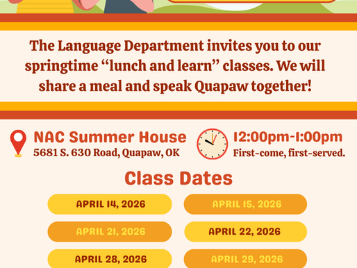 Quapaw Nation Lunch and Learn language class flyer with dates from April 14 to May 6, 2026 at NAC Summer House in Quapaw, Oklahoma.