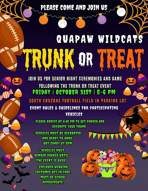 Halloween Trunk or Treat at Quapaw High School, Oct. 31, 5–6 p.m., South Endzone Field.