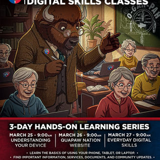 Quapaw Nation Elders Digital Skills Classes flyer announcing a three-day technology learning series for Elders on March 25–27 at the Robert Whitebird Museum Classroom.