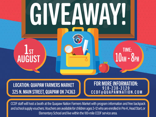 Colorful flyer for the Quapaw Nation CCDF Backpack & School Supply Voucher Giveaway on August 1, 2025, from 10 AM to 8 PM at the Quapaw Farmers Market. Includes details on eligibility, documentation, and contact info.
