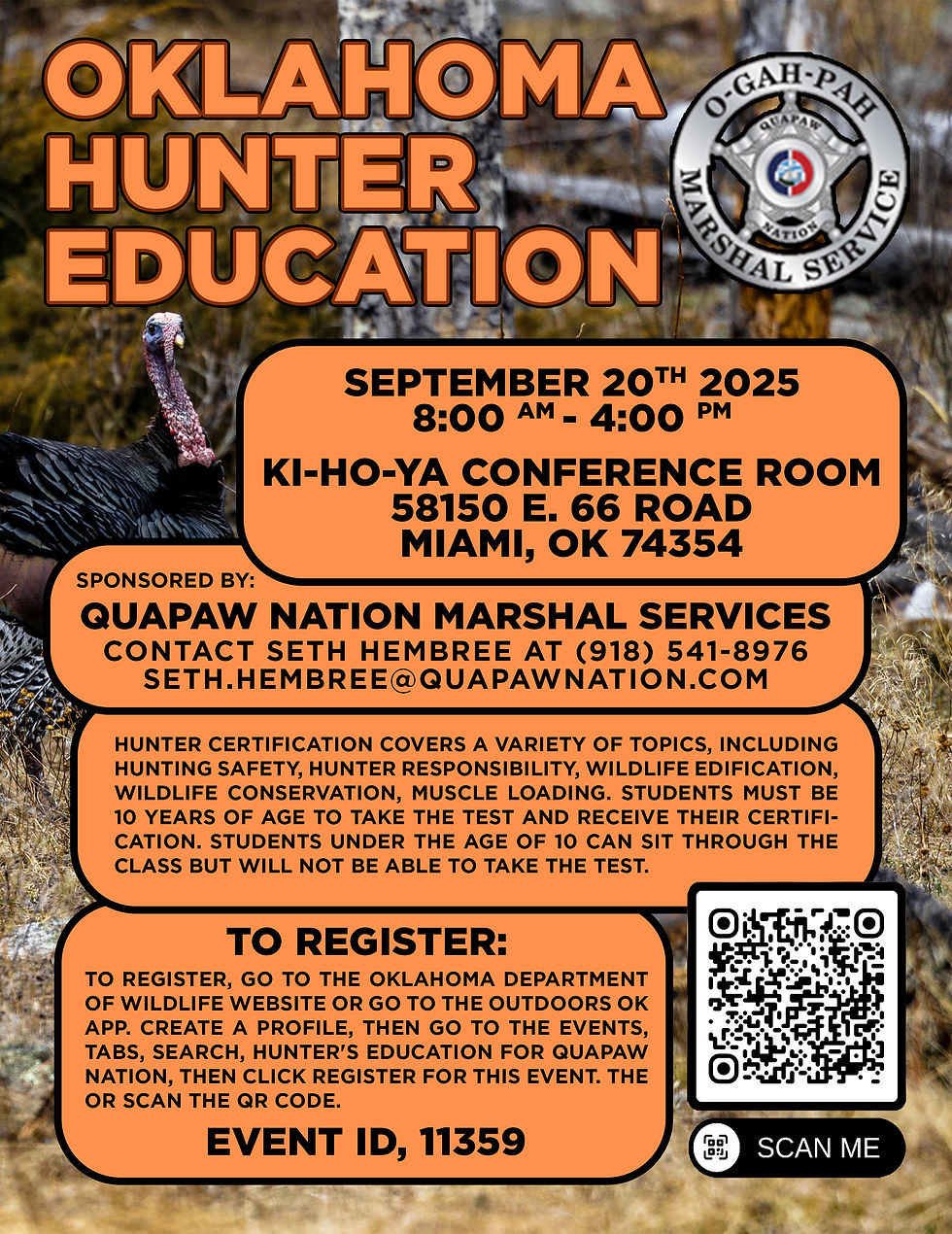 Flyer for Oklahoma Hunter Education course hosted by Quapaw Nation Marshal Services on September 20, 2025, in Miami, OK.