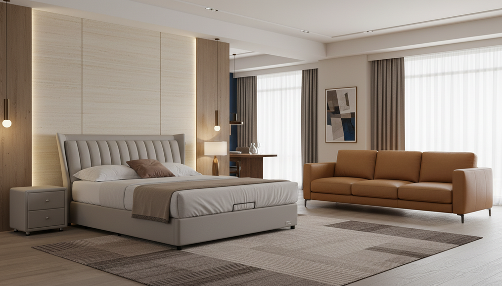 SOISU grey taupe upholstered bed with precision channeled headboard in hotel-style luxury bedroom, Italian bedroom furniture Gurgaon