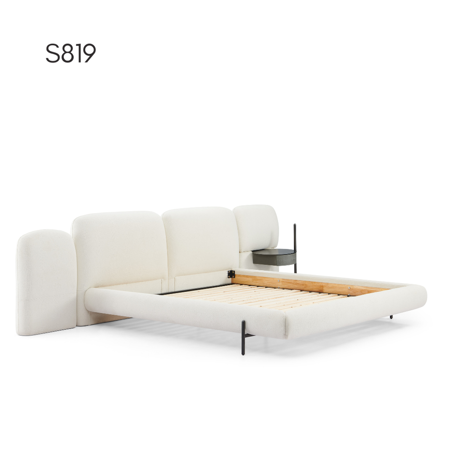 S819 — Bouclé Bed with Integrated Side Table – detail view – Italian craftsmanship SOISU India