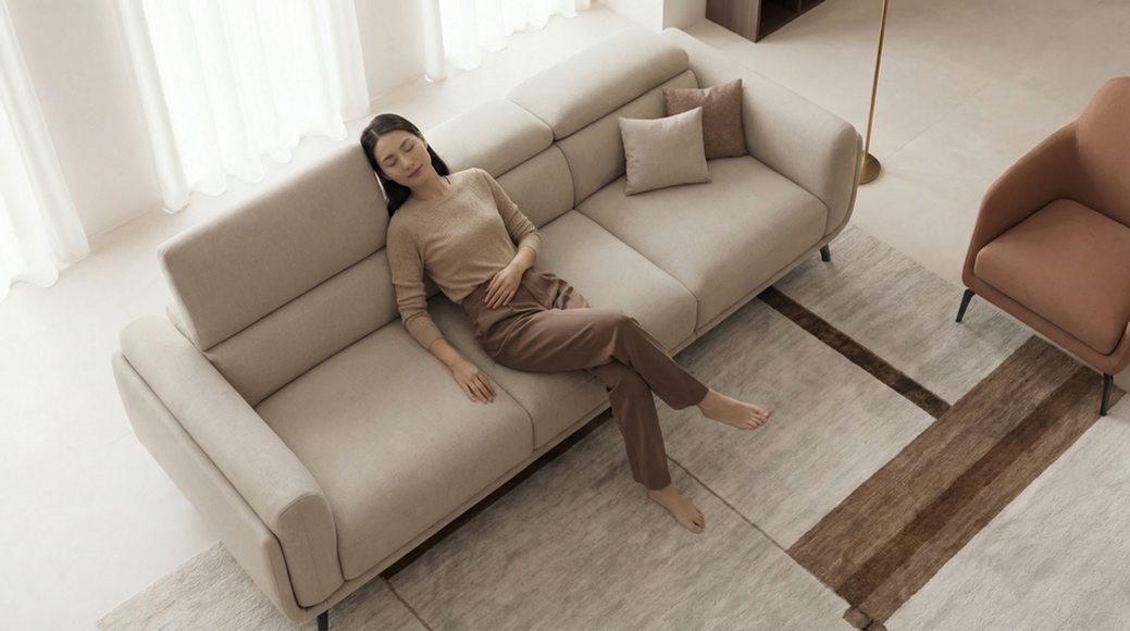 SOISU Vela WJ1622 beige fabric recliner sofa, aerial view with low-profile silhouette, Italian luxury furniture Gurgaon