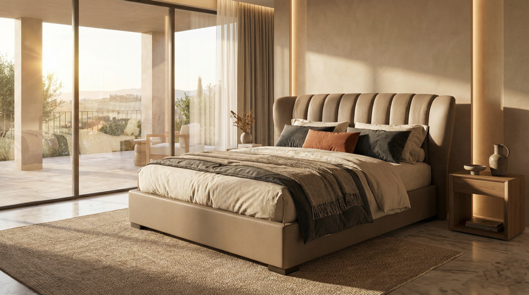 Modern luxury king bed in mauve velvet featuring an extra-wide channel-tufted headboard with attached floating brass nightstands. Styled against a white marble wall in a premium Mumbai apartment.