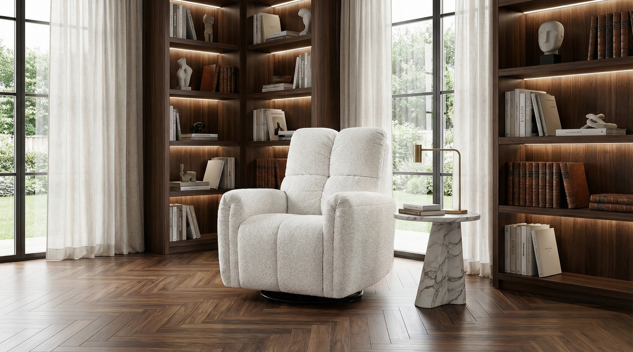 Modern beige Italian leather recliner sofa in a luxury Mumbai apartment living room, featuring ergonomic lumbar support.