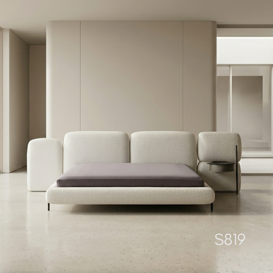 S819 — Bouclé Bed with Integrated Side Table – front view – SOISU Italian luxury furniture India