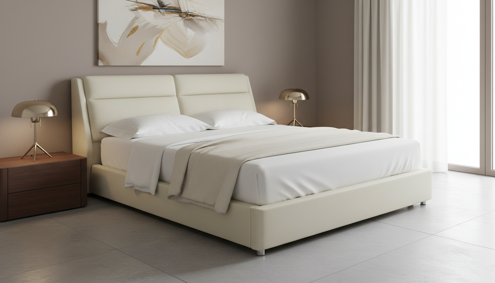 SOISU beige upholstered bed with full-height channeled statement headboard in golden hour Tuscan setting, Italian luxury bedroom