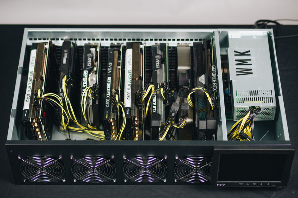 ASIC data-center grade power supplies & multi-GPU motherboards, server racks, fans