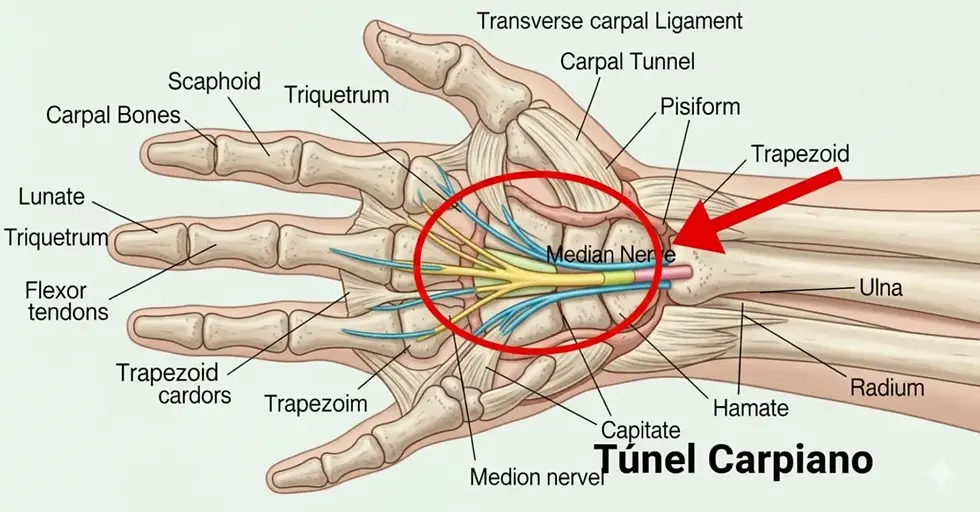 Anatomía túnel carpiano ecografía — huesos del carpo tendones flexores retinculo | Dr. Segnini