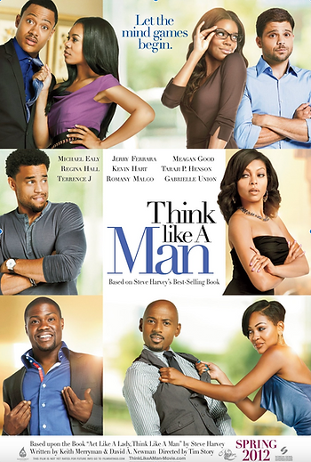 Collage of diverse people in various poses with playful expressions. Text: "Think like A Man" and "Let the mind games begin."