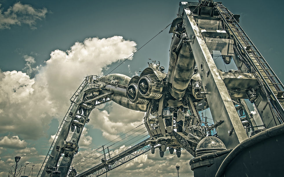 Futuristic, metallic structure with large engines set against a cloudy sky. No visible text. Industrial and surreal atmosphere.
