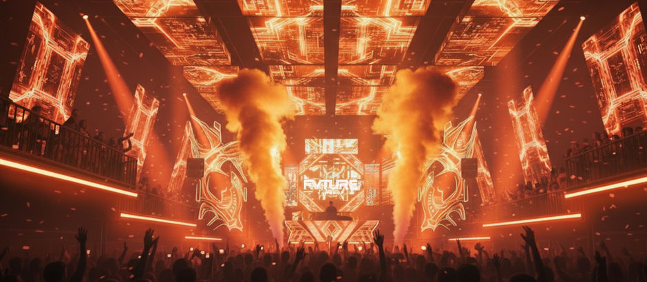 Concert scene with orange lights, electronic visuals, and vapor bursts. Crowd with raised hands. "Future" text visible on the screen. Energetic mood.