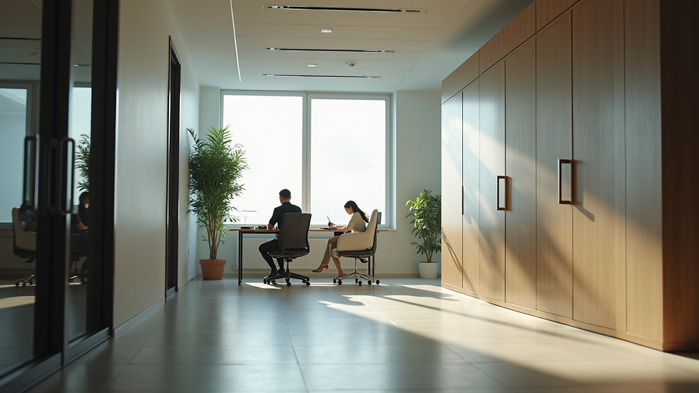 Eye-level view of office space with natural light and energy-efficient lighting