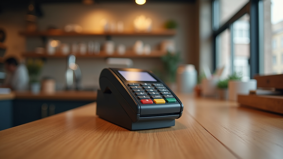 Eye-level view of a modern payment terminal on a wooden counter