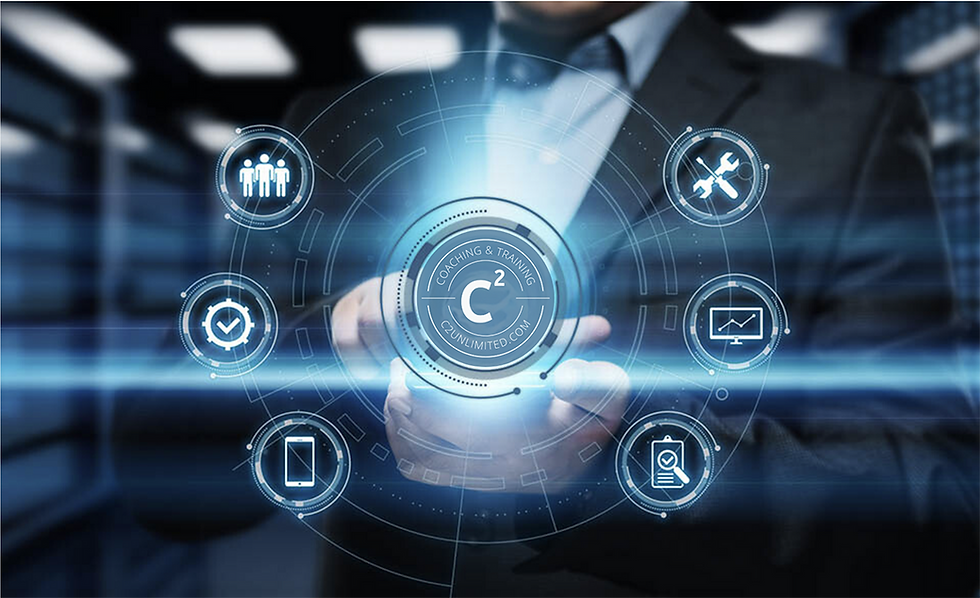 Businessperson holds holographic display with tech icons: people, tools, checkmark, graph, phone. Text: C² Coaching & Training. Futuristic.
