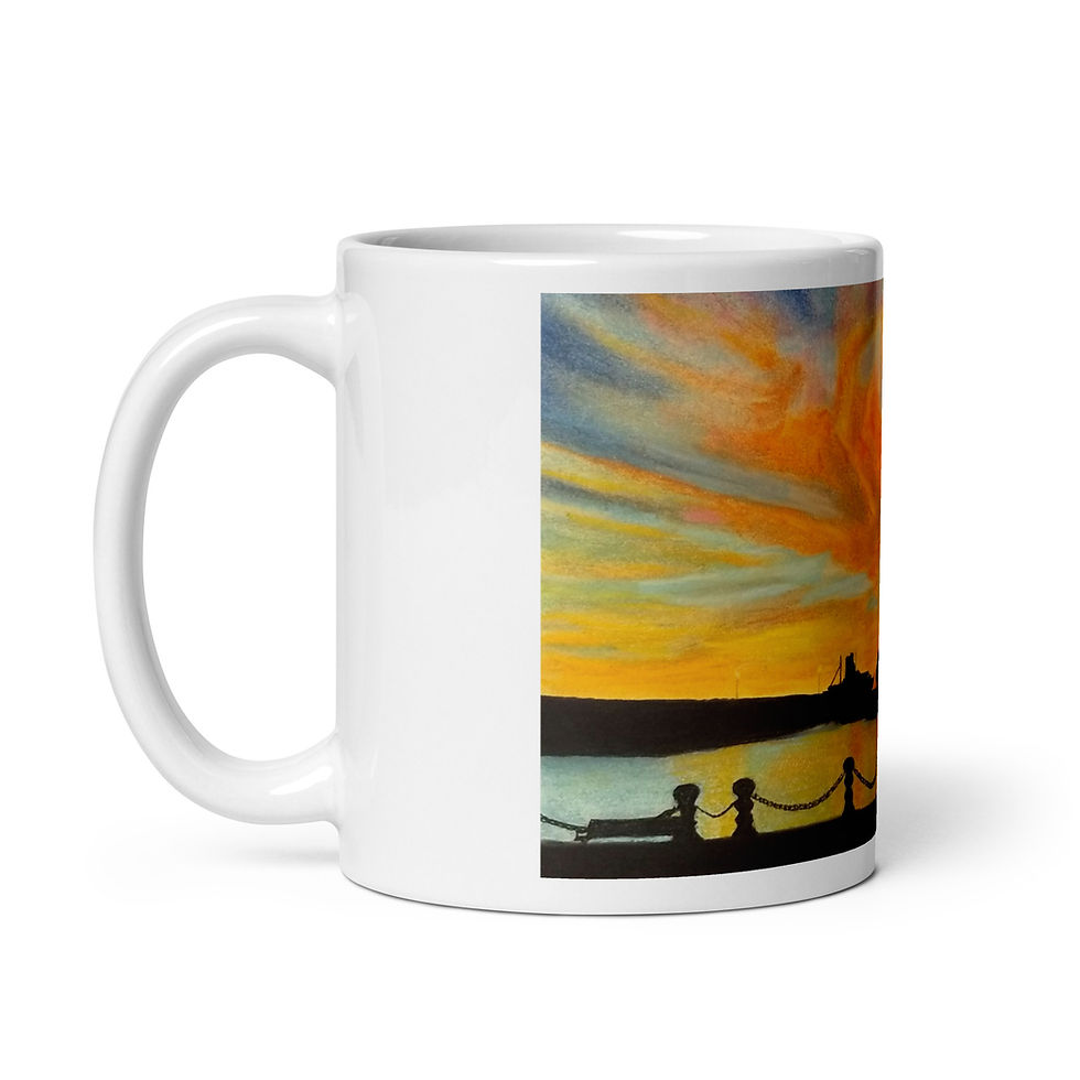 Thumbnail: White glossy mug, artwork titled "Sunset On The Pier"