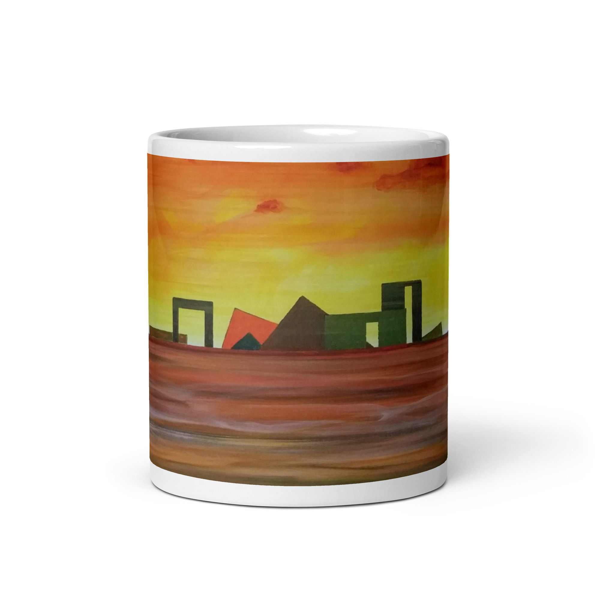 White glossy mug with original artwork titled "Forms At Dawn"