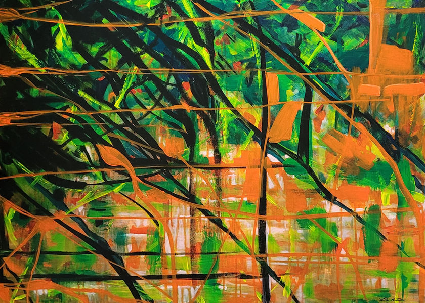 This acrylic abstract is on canvas, size 30x40. This is an exaggerated leafy tree design that is meshed and entangled with the orange background. The orange and black lines play wonderfully together as they move and switch from the foreground to the background throughout the painting. The scene appears summery, fruitful and tropical. The viewer can find something new and unexpected in this piece for hours.
