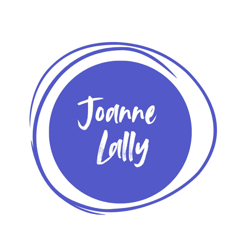 Logo for Joanne Lally. A bold bright blue circle with a handwritten outline.