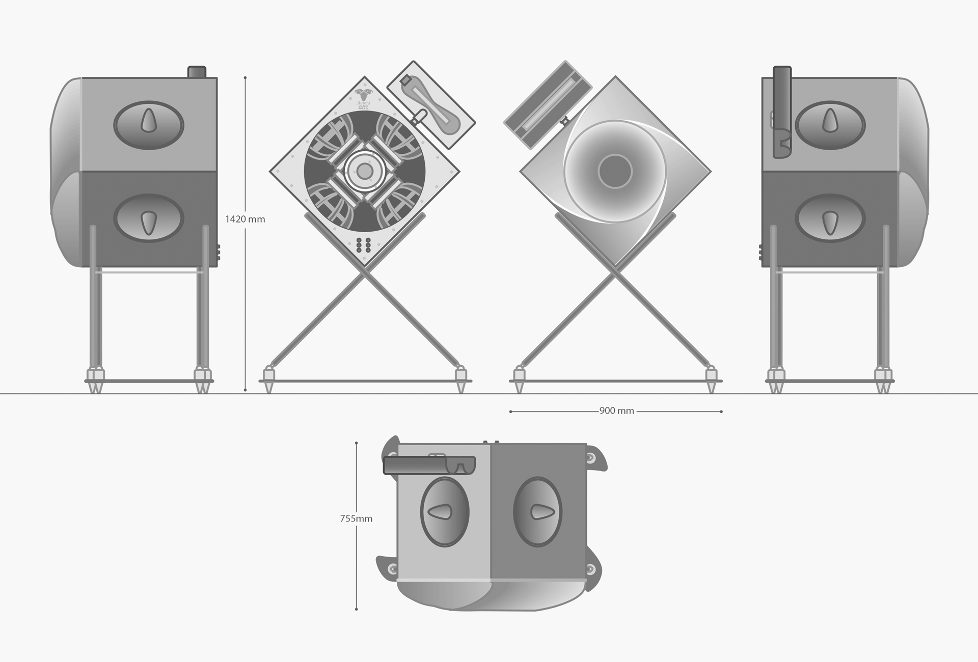 Sketch type drawing showing dimensions of Aurora