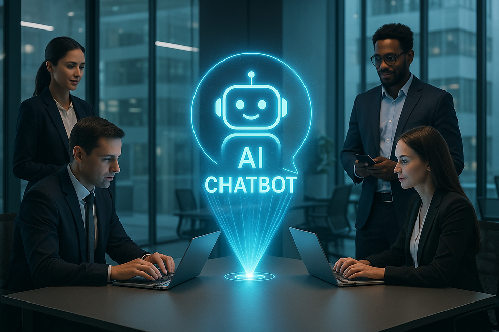 Un assistant virtuel en hologramme bleu vif s’élève au centre d’un bureau moderne, affichant les mots « AI Chatbot » avec une icône souriante de robot. Quatre professionnels en costume interagissent autour de lui : deux sont assis et tapent sur leurs ordinateurs portables, une femme se tient debout derrière eux, observant attentivement, tandis qu’un homme à droite consulte son smartphone. L’environnement est un bureau d’entreprise lumineux, avec de grandes baies vitrées, une ambiance sobre et élégante.