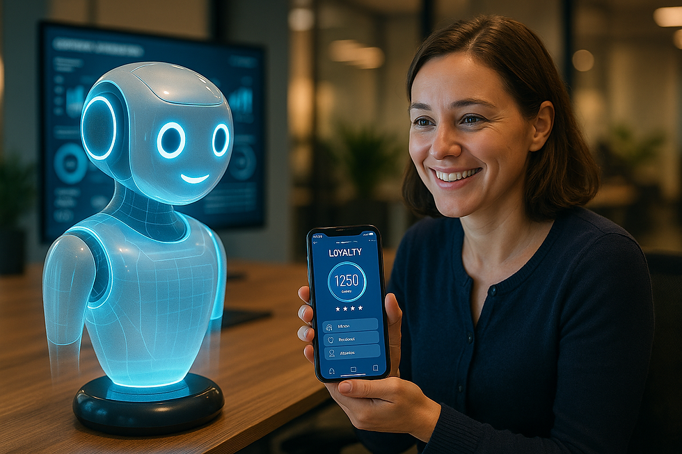 Femme souriante interagissant avec un chatbot holographique dans un bureau moderne, tenant un smartphone affichant une application de fidélité avec 1250 points, sur fond d'écran montrant des statistiques de satisfaction client – technologie IA, chatbot service client, programme fidélité digital.